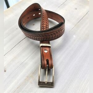 Old King Cole Leather Stamped Cognac Belt Mens M Womens L Western Silver Tone
